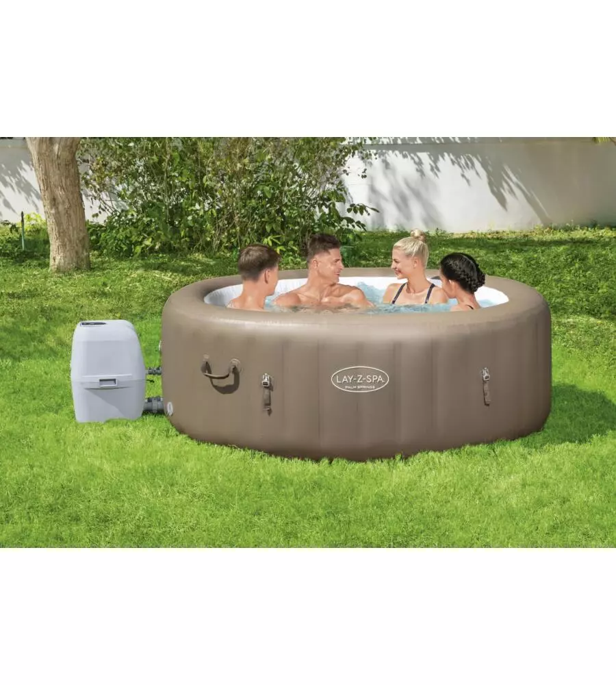 Piscina idromassaggio gonfiabile bestway "lay-z-spa palm spring" 4/6 persone 196x196x71 cm con copertura, 2 cartucce, dvd, manometro pressione e flottatore chimico  - cod. 60017